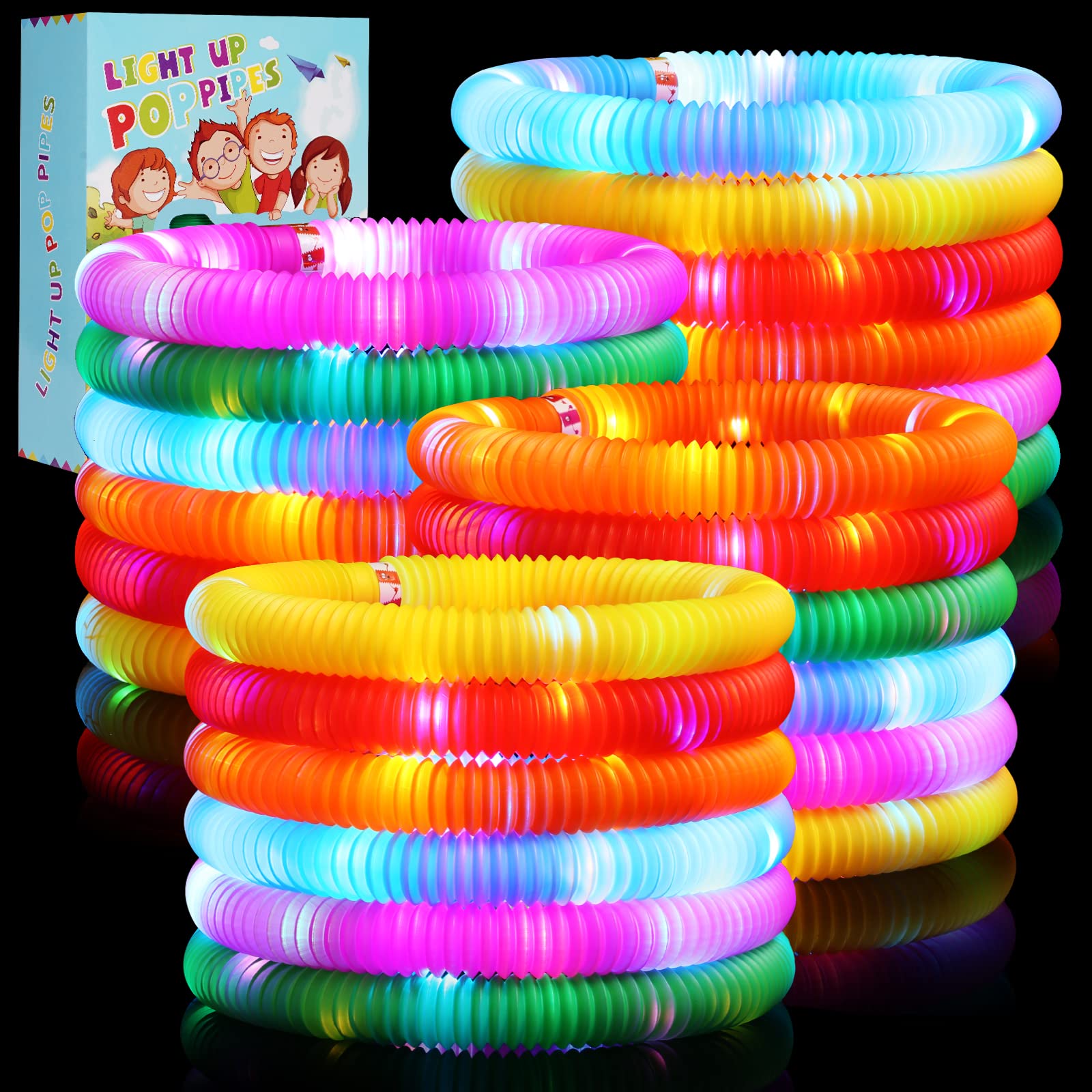 SCIONE 24 Pack Light Up Pop Tubes Fidget Toy Sensory Tubes Fine Motor Skills Toddler Toys LED Pop Glow Sticks Glow in the Dark Party Supplies Stocking Stuffer for Kids