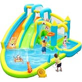 WELLFUNTIME 2 in 1 Inflatable Water Slide &amp; Bounce House with Blower | 9 in 1 Bouncer for 5 Kids Ages 3-10, 163x156x83 Inch, Deep Splash Pool, Water Cannon, Basketball Rim, Dartboard for Backyard