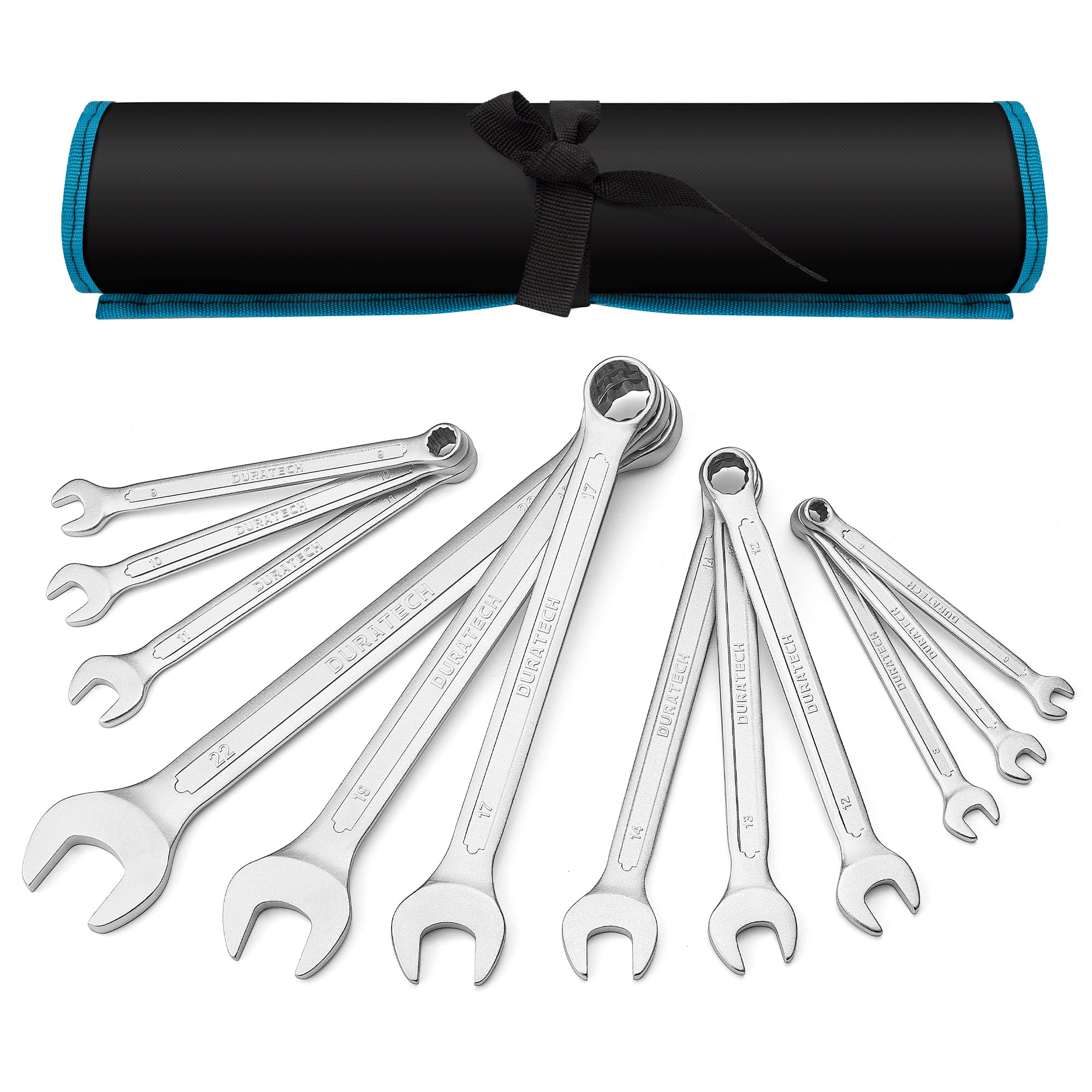 DURATECH 12-Piece 6-22 mm Combination Spanner Set, Metric Open End Wrench Set, Offset Ring End, Chrome Vanadium Steel, DIN 3113, 12-Point, with Storage Pouch
