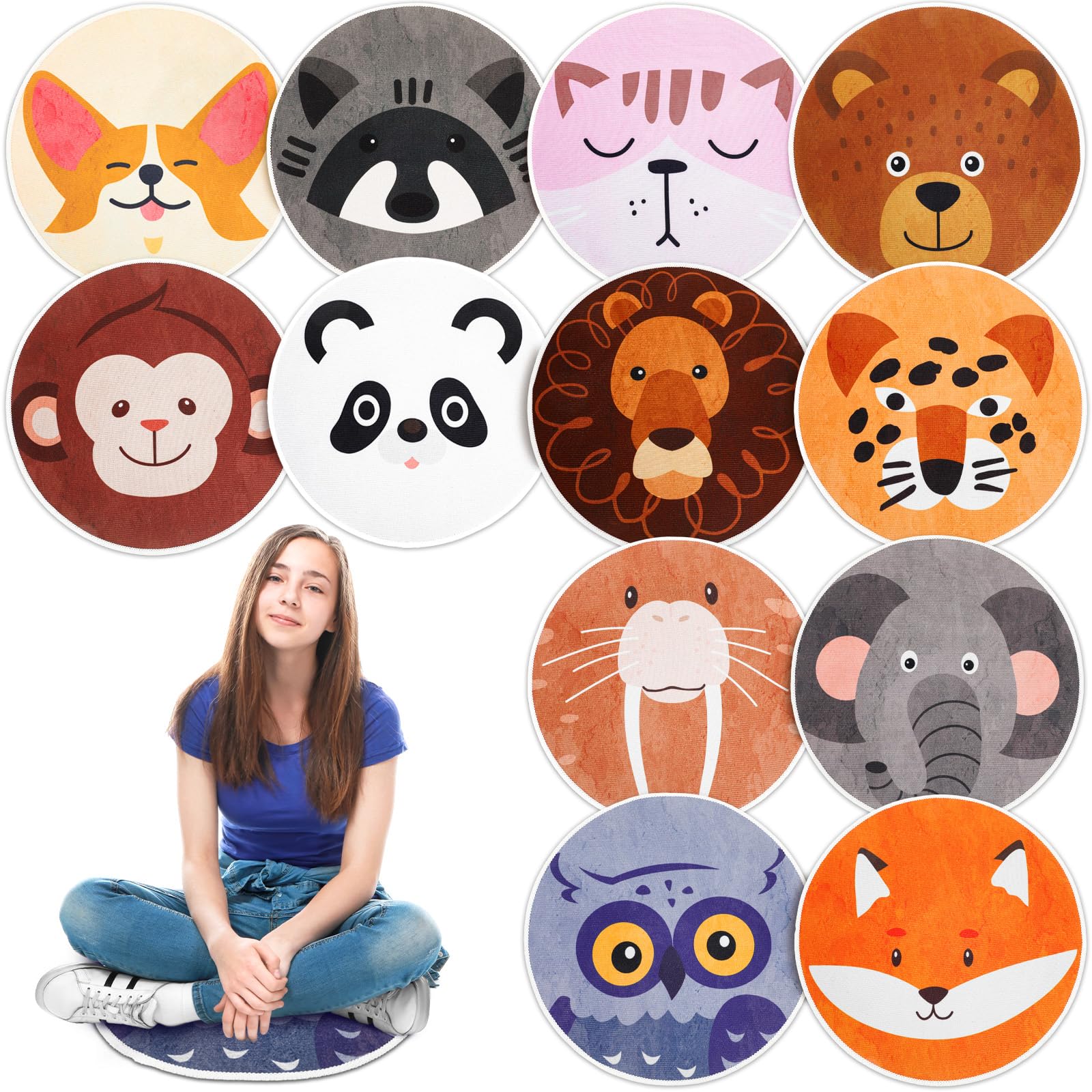 Photo 1 of 12 Pcs Carpet Circle Seats, 15 Inch Round Classroom Rug, Non Slip Corner Floor Cushion Mat, Circle Time Rug for Living Room, Learning, Playing Areas, Story Time, Group Activity(Animal)