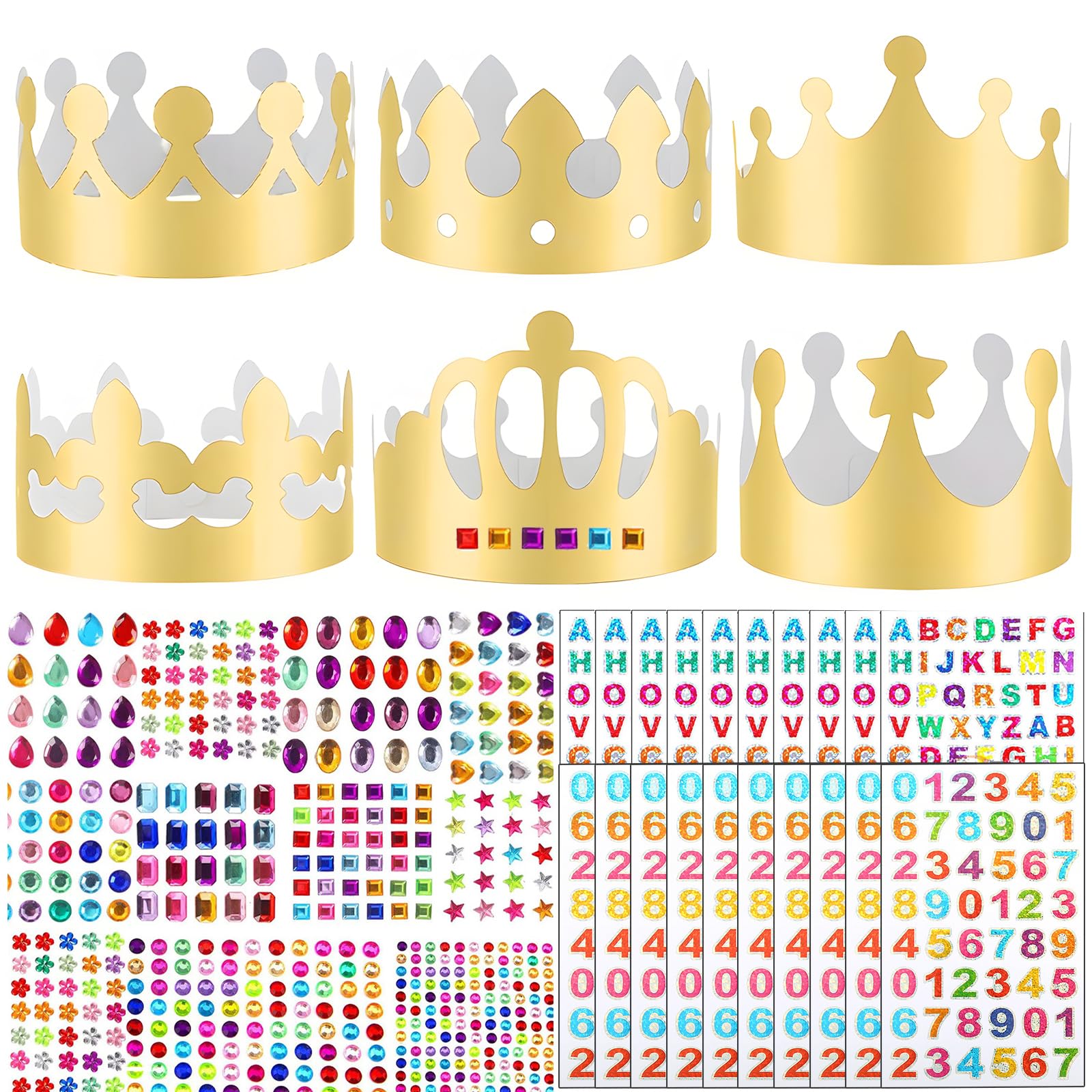 52 Pcs Paper Crowns Gold Paper Party Hats Set with 28 Sheets Gem Jewels Alphabet Number Letter Stickers, Jubilee Hats Crowns for Adults DIY Papers Crown Princess Prince Crown for Party Celebration