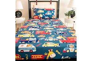 NIKKIPETER Nikki Peter 100% Cotton Kids Bedsheet Sets for Boys and Girls, Animals Drive Taxi Ambulance Fire Truck Car Twin Sheets, Animal Drivers Twin Bedding, Easy Care Super Soft 2PC Set - OEKOTEX Certified