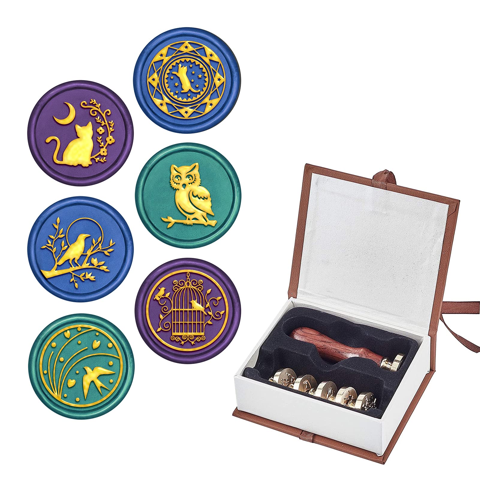 CRASPIRE Wax Seal Stamp Set Animal Theme, 6 Pieces Removable Sealing Brass Stamp Head with 1PCS Wood Handle for Envelope Postcard Label Wedding Invitation Embellishment