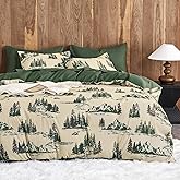 Wake In Cloud - Rustic Duvet Cover Set, Cabin Lodge Cottage Country Charm with Mountain and Natural Forest Theme, Soft Lightweight Bedding, 3-Piece, Green Brown, King Size