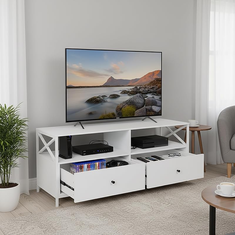 Mueble TV, 2 Huecos y 2 cajones, para TV hasta 55", 50 x 120 x 40 cm, Blanco