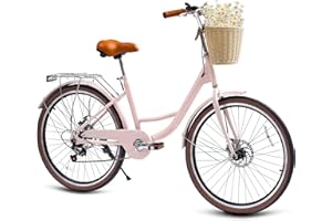 DEYGIA Beach Cruiser Bike for Women, 24 26 inch 7 Speed Commute Bike for Adults, Womens Bicycle with Ratten Basket and Adjustable Seat, Lightweight Step Through Bike for Adults Women Ladies