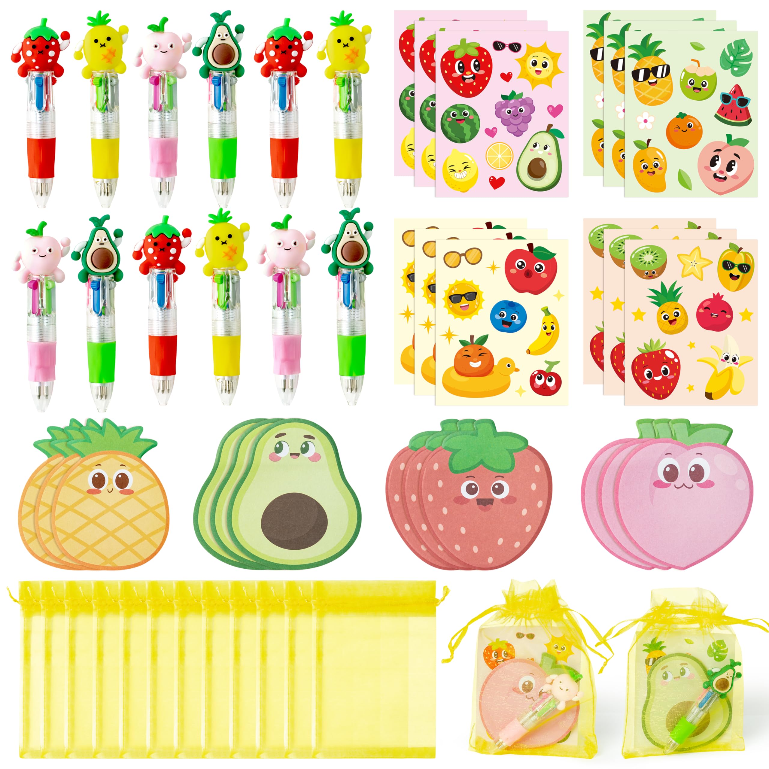 Photo 1 of CY2SIDE Fruit Stationery Party Gift - 24 Pack Fruit Stationery Gifts Set Include 4-in-1 Ballpoint Pens Sticky Notes Stickers and Organza Tutti Party Favors Goodie Bag Fillers for School Rewards
