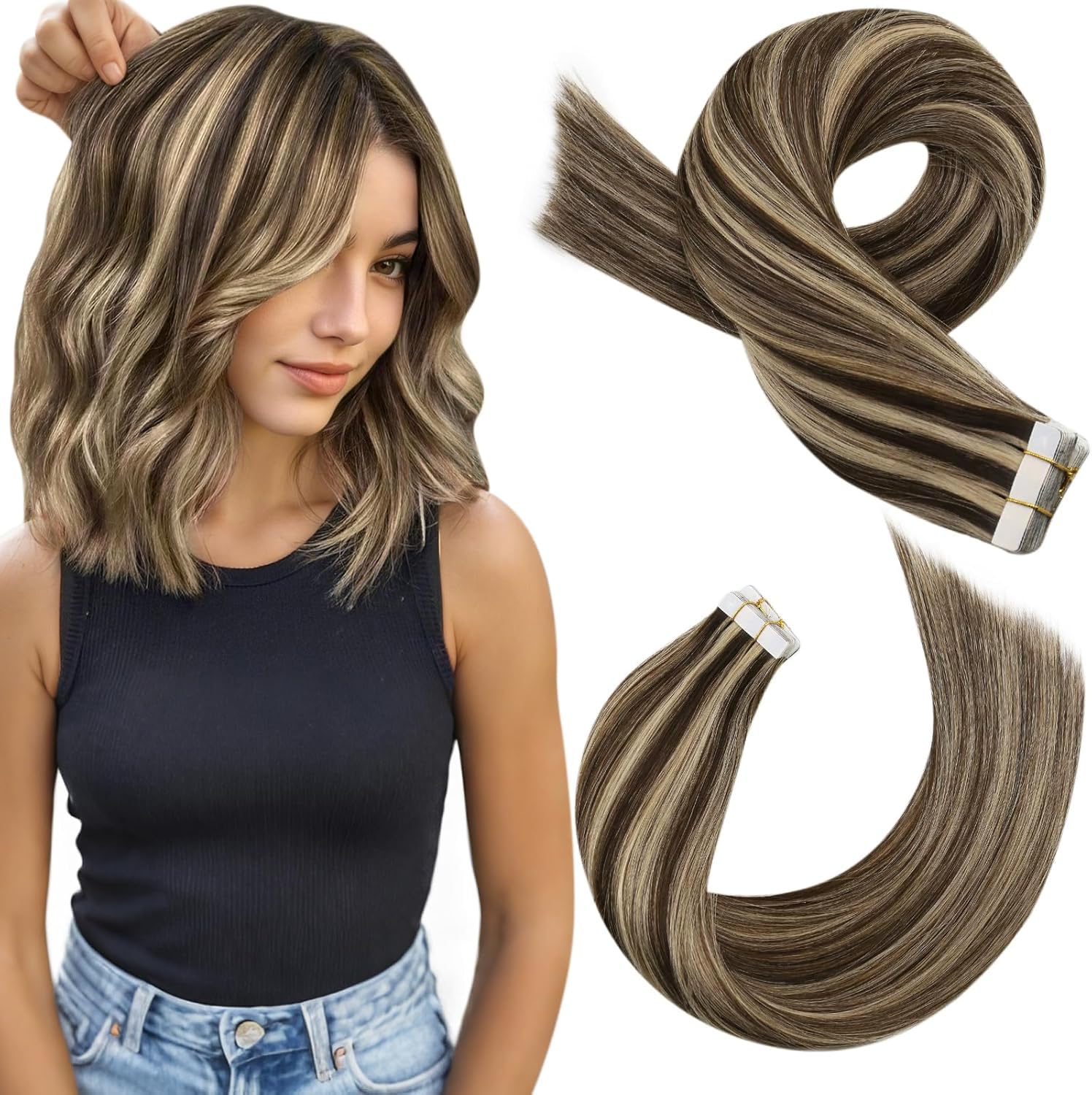 Moresoo Tape in Hair Extensions Human Hair Highlights Blonde Invisible Skin Weft Tape in Real Hair Extensions Dark Brown with Caramel Blonde 12 Inch 20 Pieces/30g #P4/27
