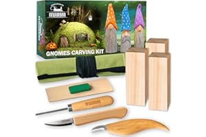 NEWURBAN Wood Carving Kit for Beginners - Gnomes Whittling Set with Stainless Steel Sloyd Carving Knife, Chip Knife, V-profile Chisel, Linden Blocks & Storage Organizer - Woodworking Tool Kit for Kids & Adults