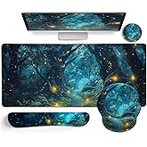 LIMKRIAN Ergonomic Mouse Pad Set Large Desk Matt for Desktop, Gaming Mouse Pad Wrist Rest Keyboard Mat Cup Coaster Set Cute Office Desk Decor Accessories for Women, Firefly Forest