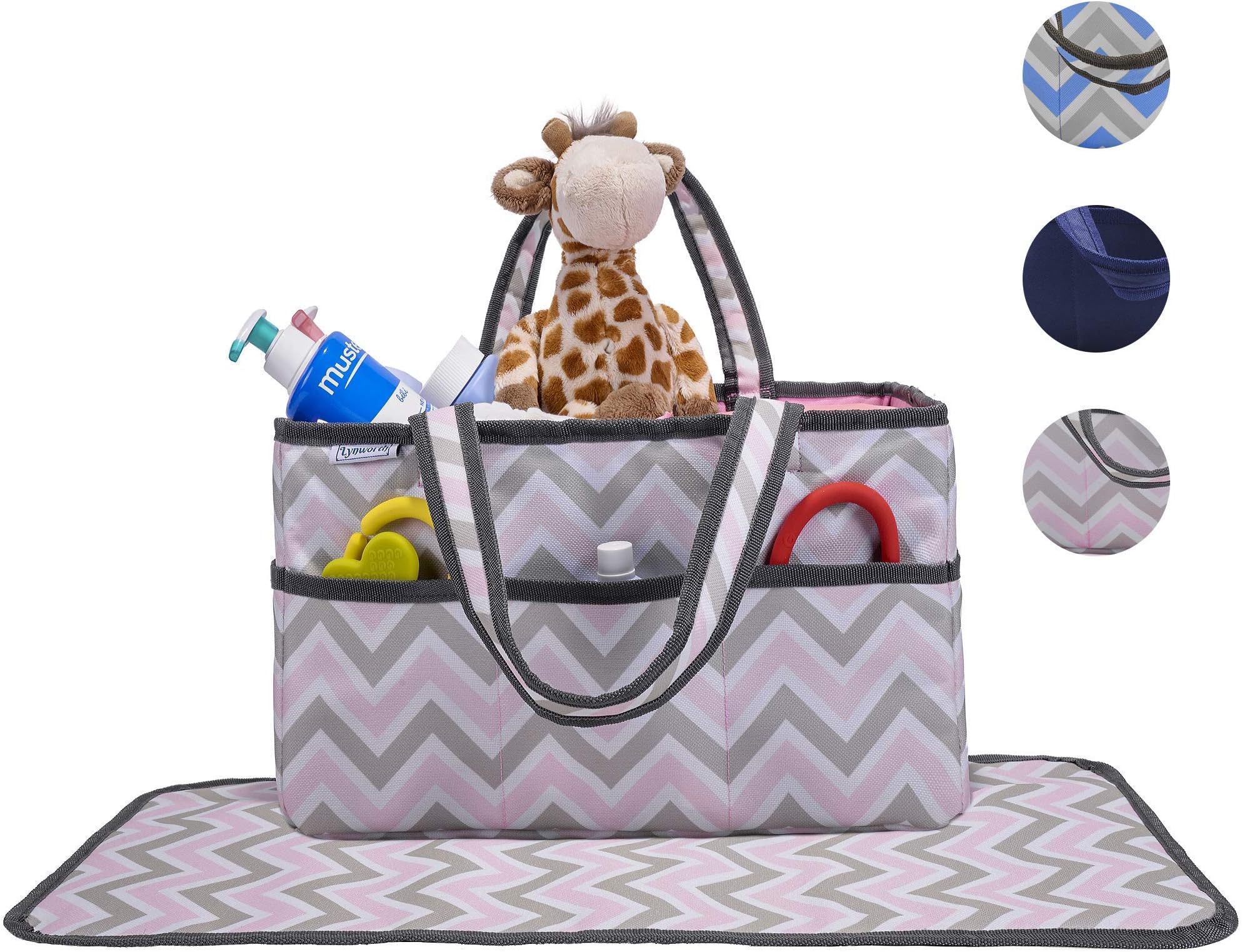 Diaper Caddy, Nursery Organizer: Pink and Grey Chevron, Best Portable Washable Diaper Caddy Organizer with Large Storage Space. Free Changing Pad (Pink, Large)