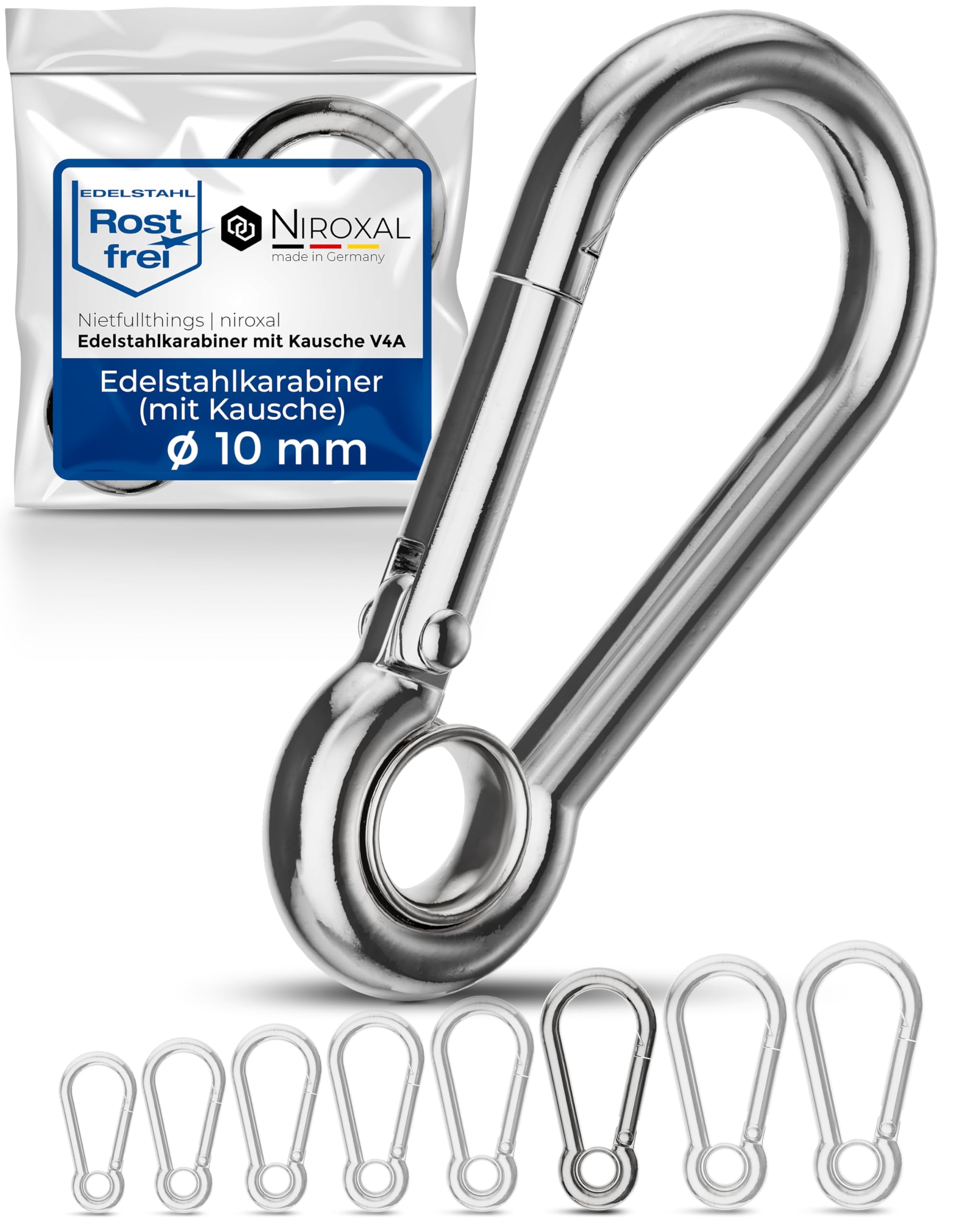 2 Pieces 10-mm Stainless Steel snap Hook with Thimble V4A Robust Shape with Eye Breaking Load 1750 kg snap-fits fire Brigade Carabiner 316 10x100-mm