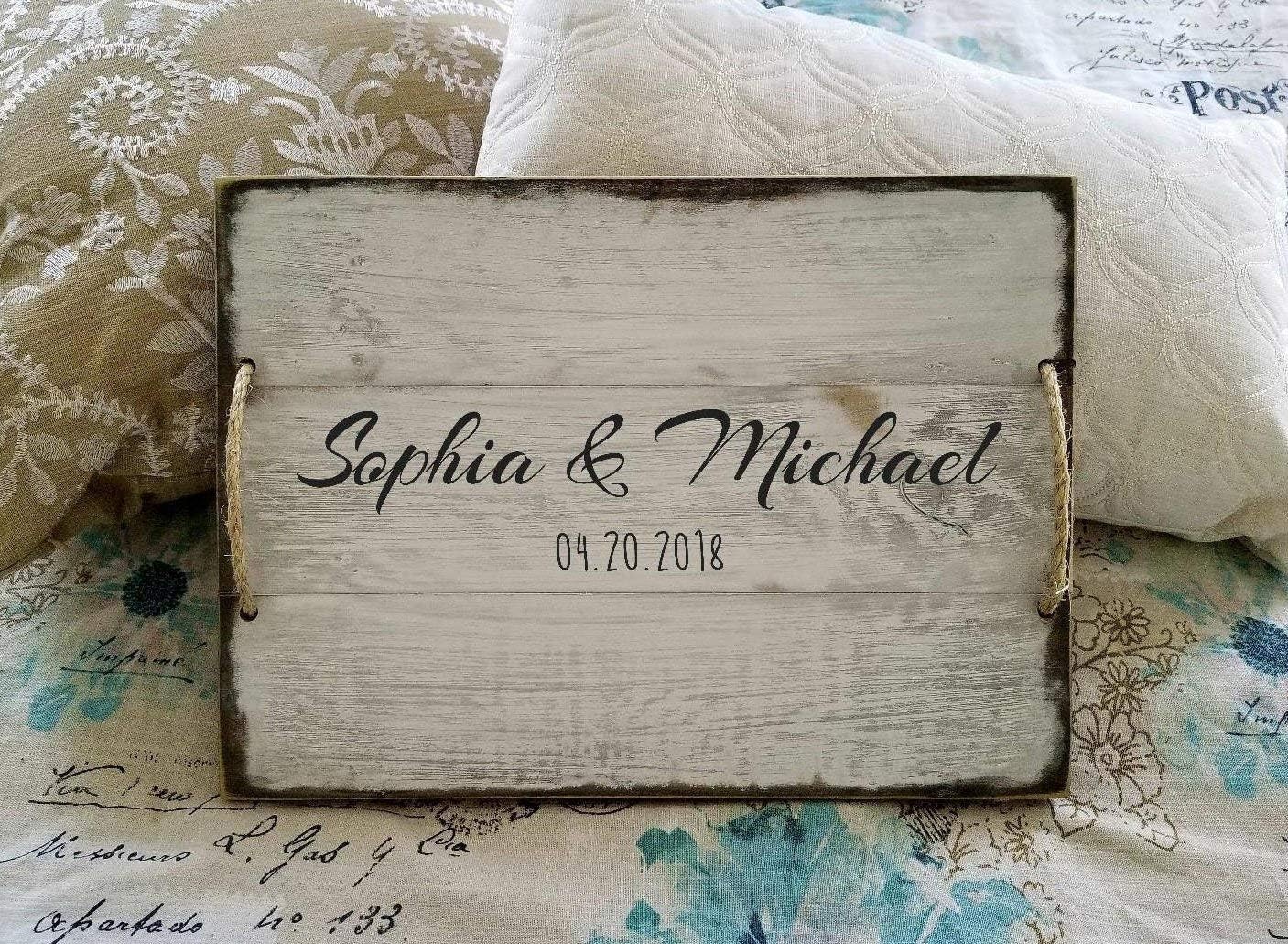 Georgia Barnard Personalized Tray Wood Family Names Serving Tray Serving Tray with Handles Rustic Decorative Tray Tray for Ottoman Wedding Gift, 12"x 16"