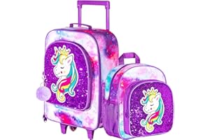 FTJCF 2PCS Girls Suitcase Set, 18" Kids Unicorn Carry on Luggage with Wheels, Cute Sequin Children Travel Rolling with 12" Toddler Backpack(Purple)