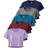 5 Pack Women’s Loose Fit Crop Tops- Dry Fit Athletic Short Sleeve Workout T-Shirts Yoga Running Gym Casual Tees
