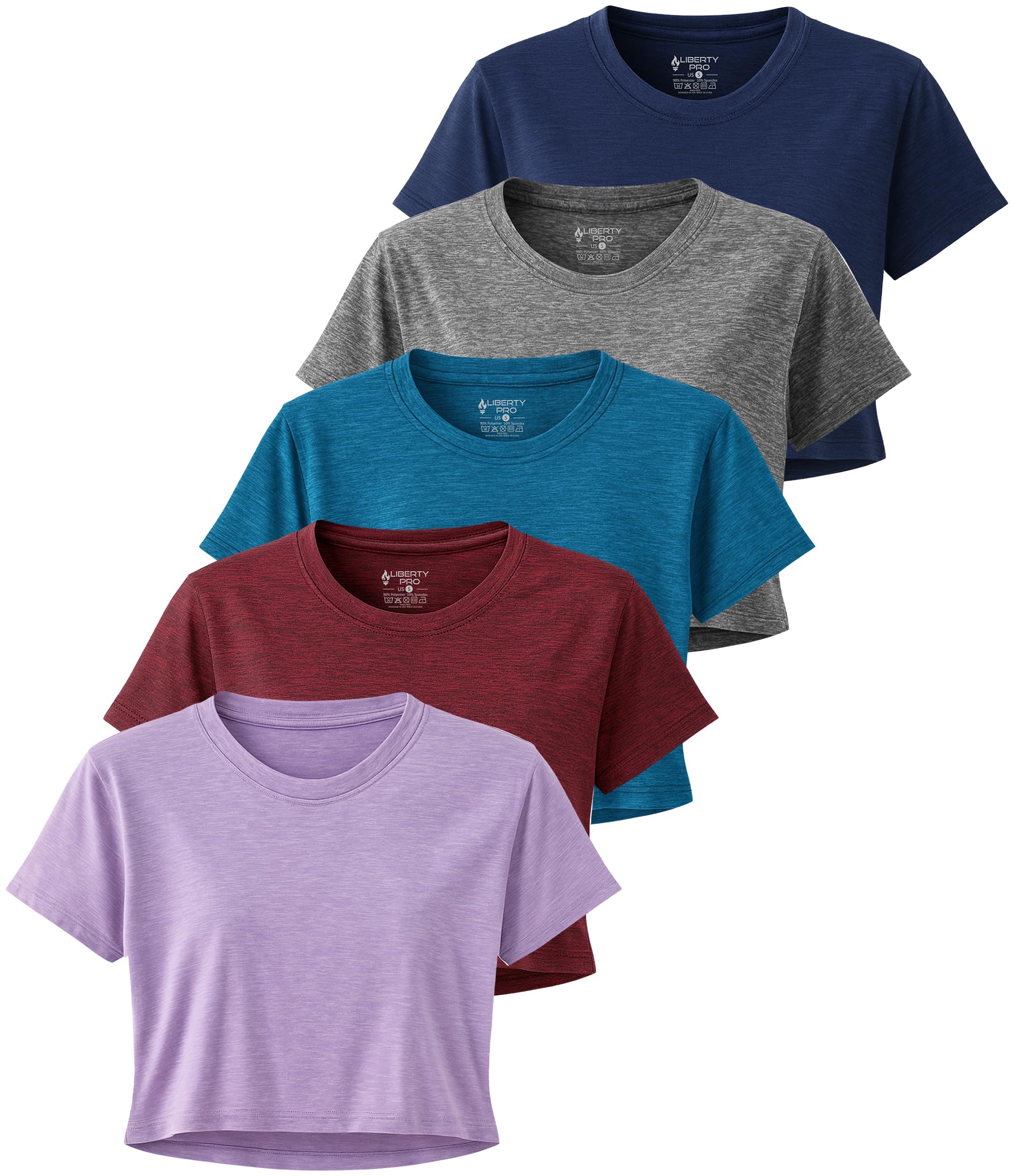 Photo 1 of 5 Pack: Women's Loose Fit Workout Crop Tops, Athletic Short Sleeve Gym T-Shirts Dry Fit Crew Neck Tees (Set 3, X-Large)