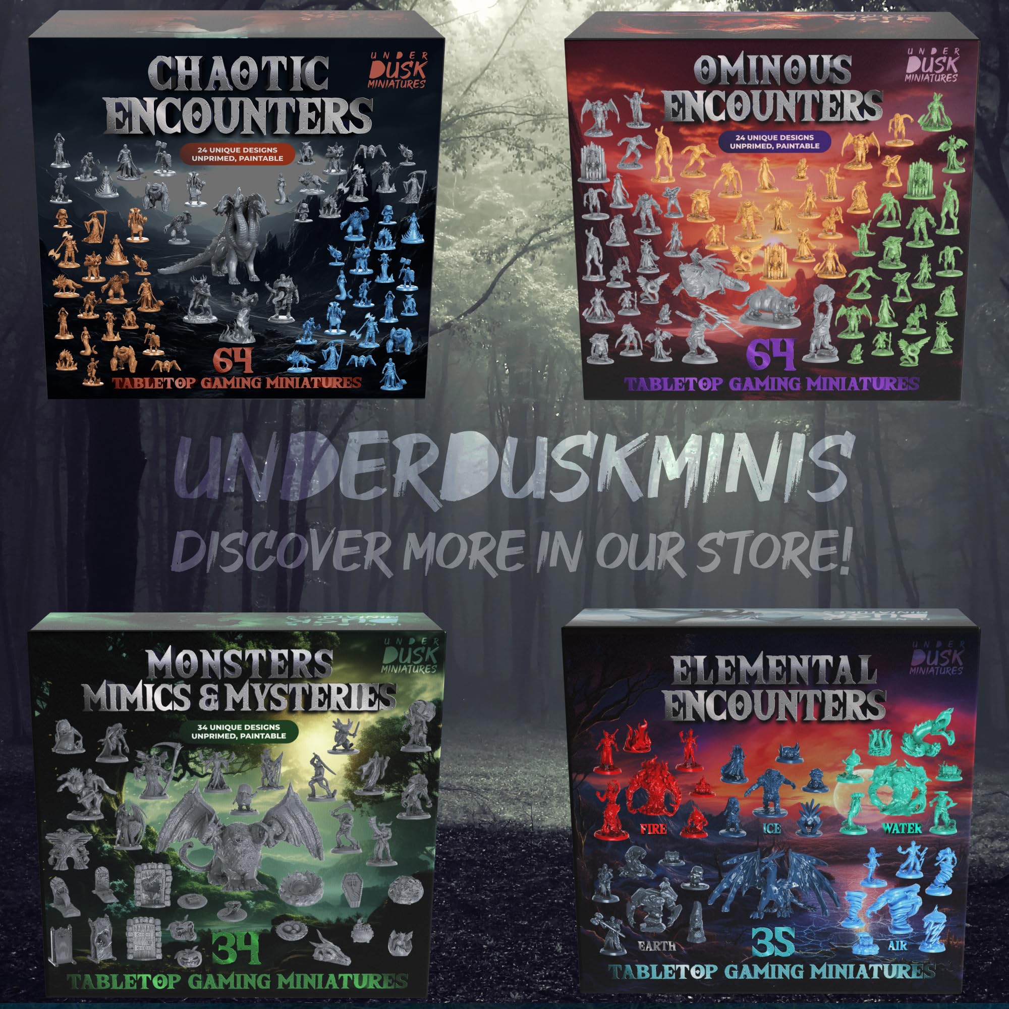 Underdusk Chaotic Encounters - 64 Unpainted Tabletop Miniatures for D&D, Pathfinder & RPGs | Monster Figures Starter Pack with Stat Blocks