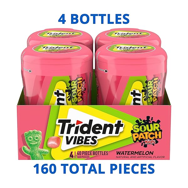 TRIDENT VIBES SOUR PATCH KIDS WATERMELON SUGAR FREE GUM, 4 BOTTLES OF 40 PIECES (160 TOTAL PIECES)