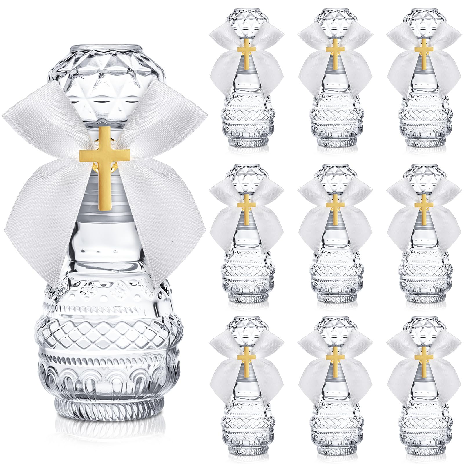 Photo 1 of *MINOR DAMAGE - USED*
Chuangdi 10 Set Holy Catholic Water Bottles 50ml Christian Water Container Empty Catholic Glass Bottle with Cross Lapel Pin Ribbon Bow for Church Wedding Baptism Party Favor Communion Gift(Lovely)