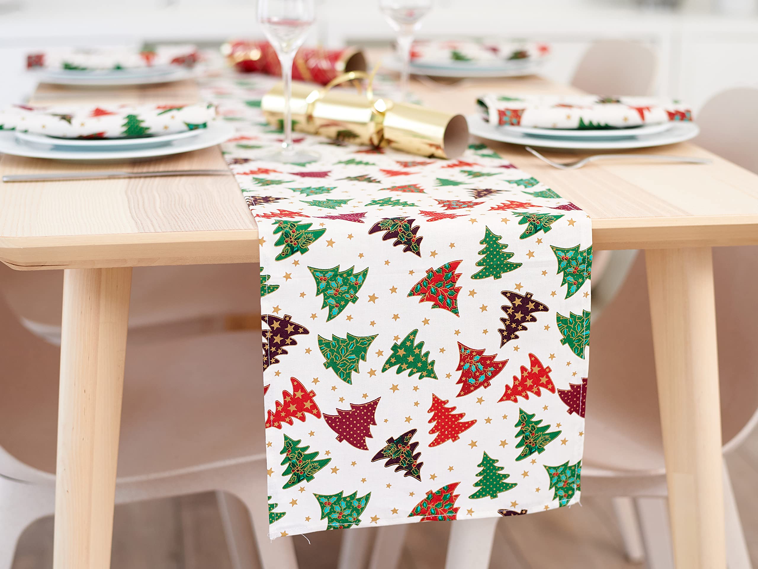 100% Cotton Fabric Christmas Table Runner-Xmas Table Decoration - Santa, Reindeer, Snowmen, Trees - Kitchen Christmas Decorative Tableware Dining Table (30cm x 280cm, White Festive Xmas Trees)