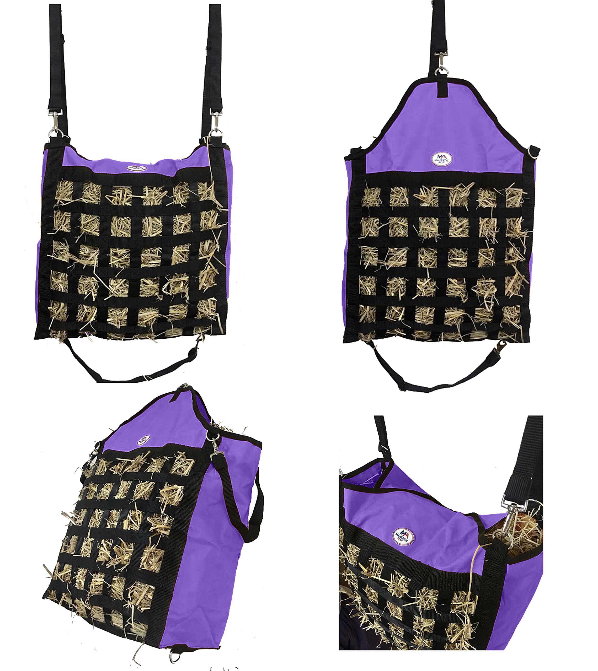 Majestic Ally Slow Feed Hay Bag for Horses, Adjustable Travel Feeder for Trailer, Stall, and Portable Wear, Feeding Sack with Strap Support, Simulates Grazing, Reduces Waste (Purple)