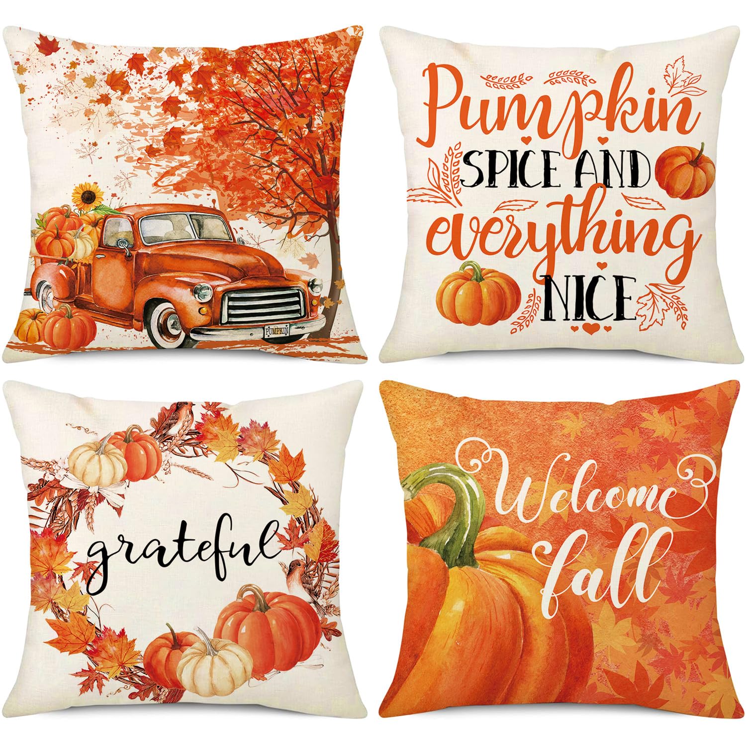 Photo 1 of NIGHTWISH Fall Pillow Covers 18x18 Set of 4 Thanksgiving Farmhouse Decorations Orange Truck Pumpkin Outdoor Fall Decor Throw Pillow Covers Grateful Harvest Autumn Cushion Case for Sofa Couch