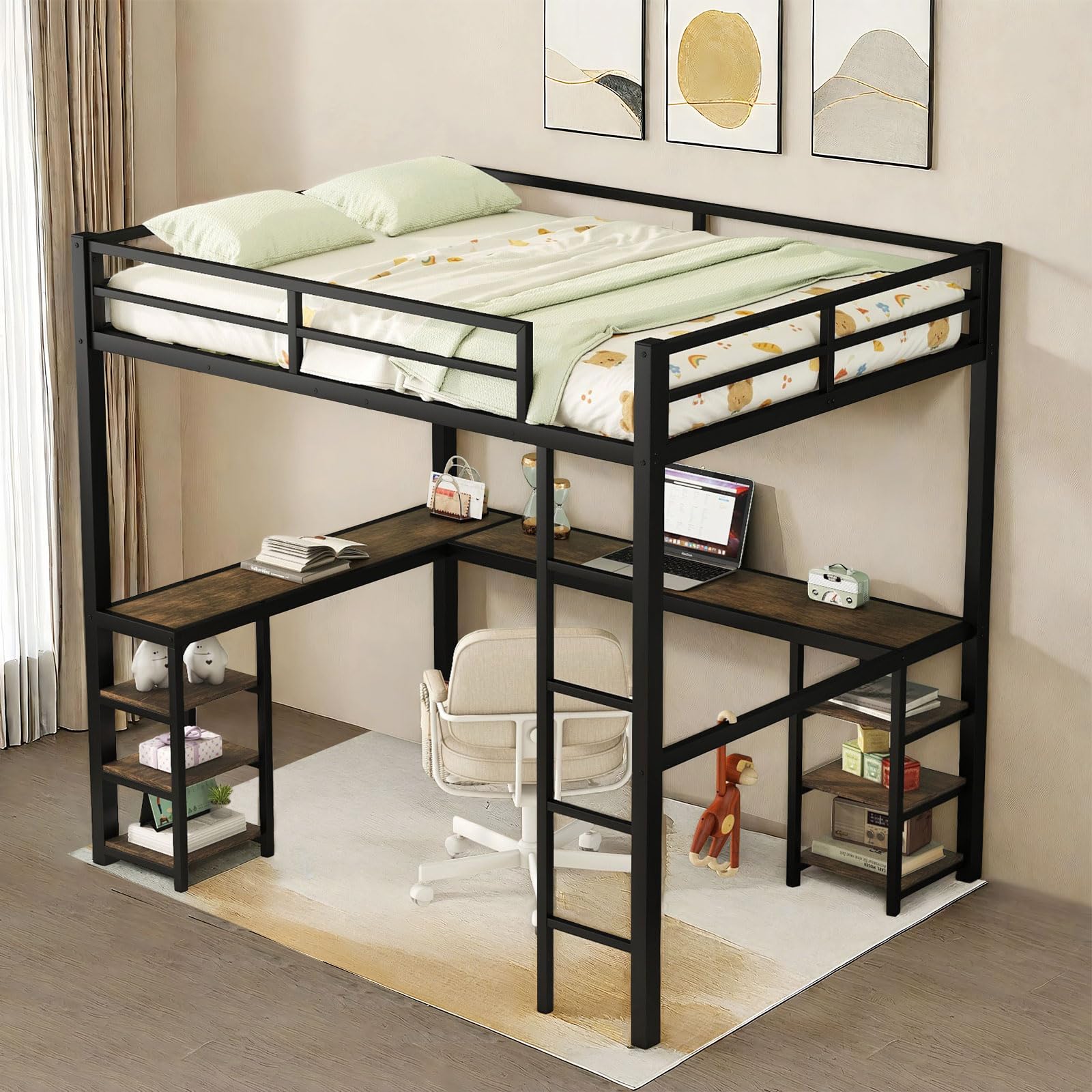Photo 1 of *PARTIAL SET*
Nicbex Full Size Loft Bed Frame with Desk and Storage Shelves, Heavy Duty Metal Loft Bed with L-Shaped Desk and Ladder, Full Size Loft Beds for Kids, Teens, Adult, Black