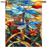 Stained Glass Dragonfly Garden Flag Spring Summer House Flag Fall Floral Decorative Yard Flags for Outside 28x40 Double Sided Large Seasonal Lawn Flags Rustic Outdoor Decor