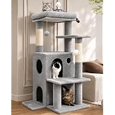 Globlazer Cat Tree Tower for Indoor Cats Large Adult, FC50, Light Grey | 50-inch Adult Cat Tree House with Steps, Scratching Post, 2 Cat Caves, Dangling Toys