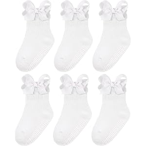 Subesty 6 Pairs Toddler Girls Ruffle Grip Socks, Non-Slip Cotton Bow Socks | Non Slip, Cute Bow and Ruffle Design, Soft Cotto