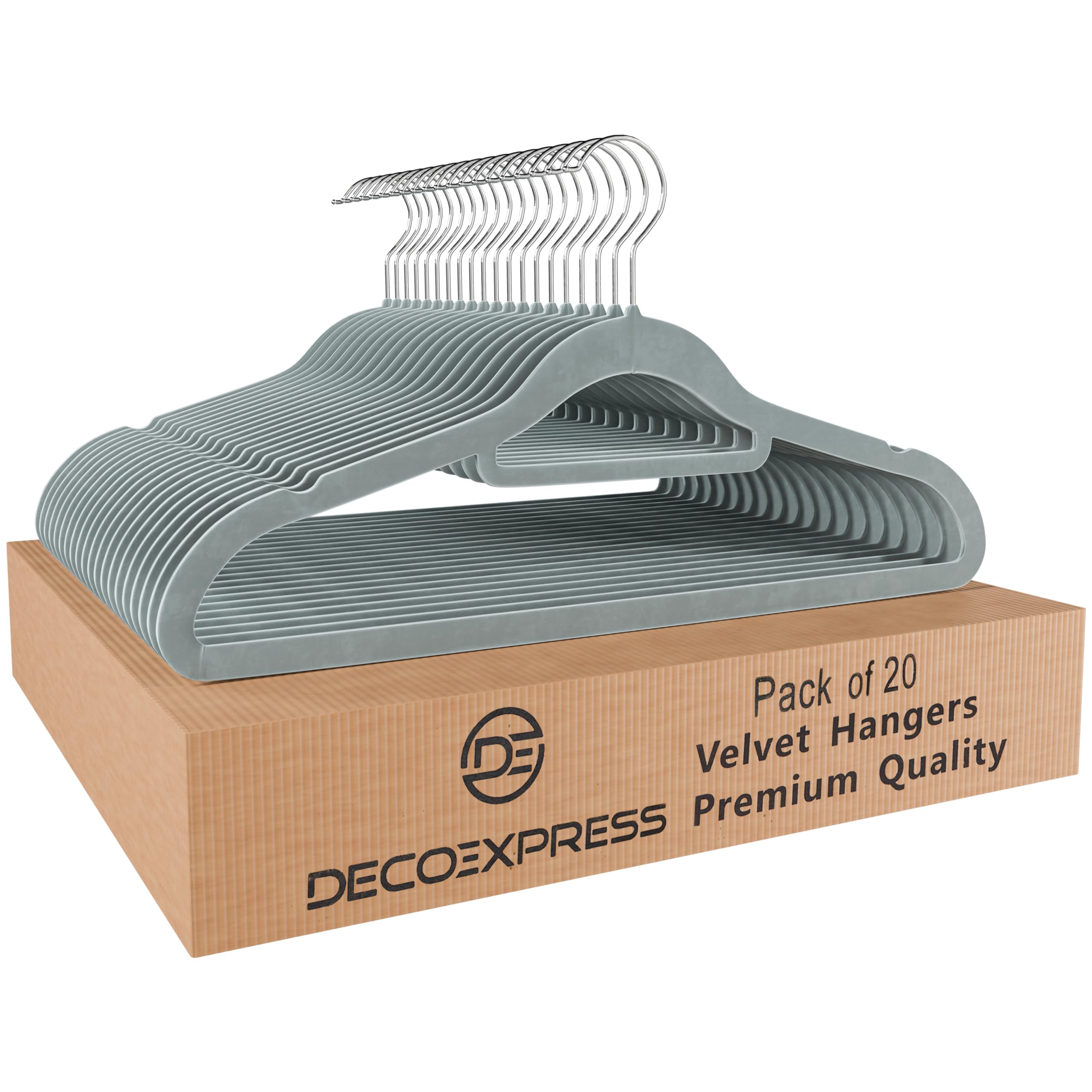 DECO EXPRESS Velvet Hangers, Multipack Non Slip Coat Hangers with 360° Swivel Hooks, Space Saving Wardrobe Organiser for Kids & Adults Clothes (Grey, 20 Pack)