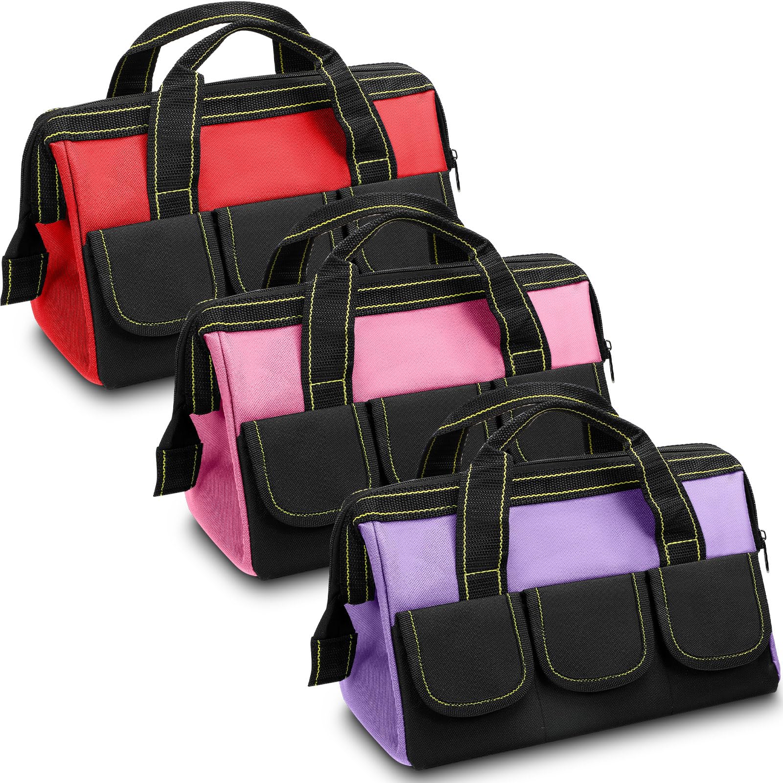 Photo 1 of Sanwuta 3 Pack Tool Bag for Men with Waterproof Hard Bottom, Heavy Duty Tool Bag Wide Mouth Tote for Various Instrument, Electrician Carpenter Mechanic(13 Inch,Red, Pink, Light Purple)
