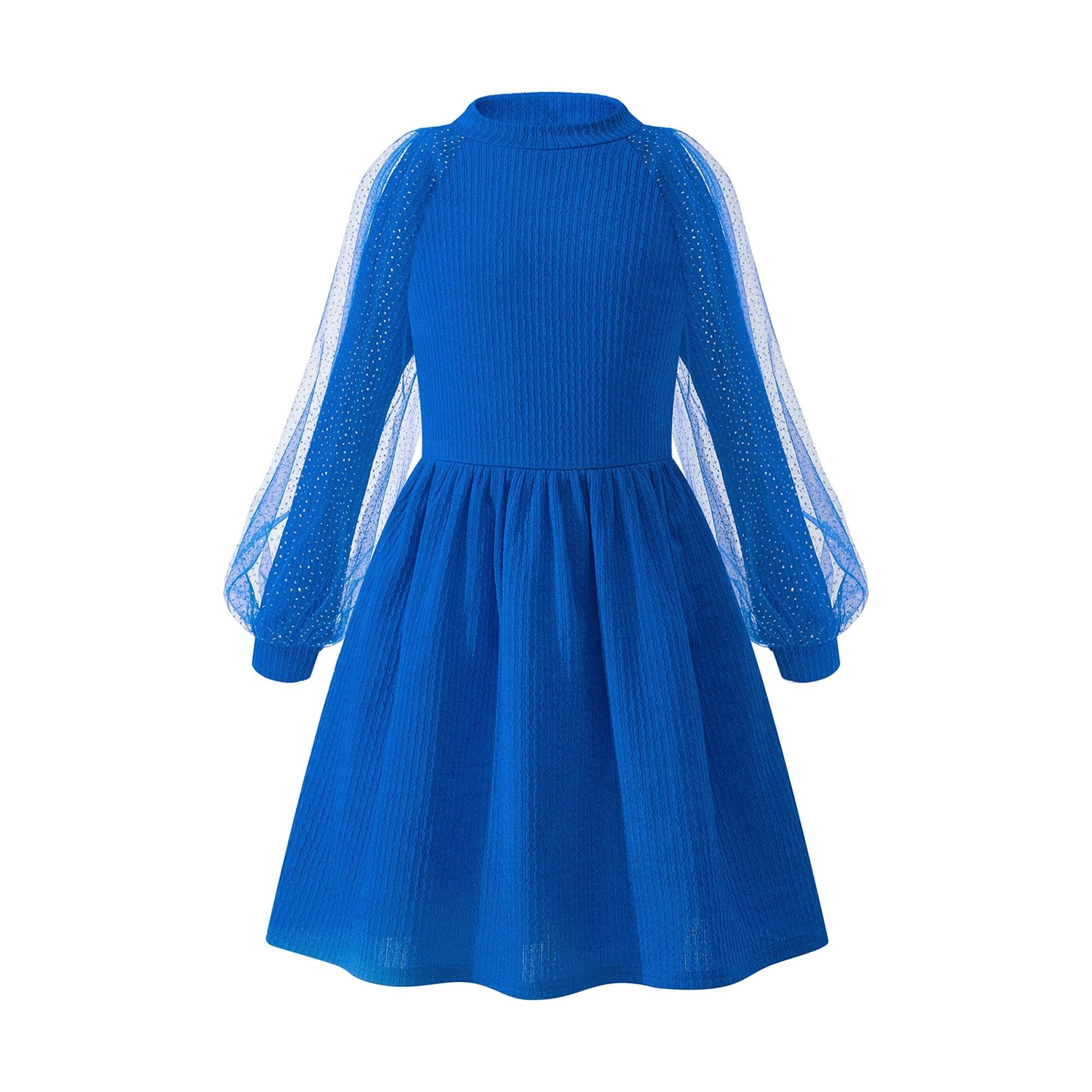 Photo 1 of **SIMILAR**Little Bitty Girls Long Sleeve A-Line Sparkle Tulle Dress,Mock Neck Detachable High Low Skirt with Pockets Royal Blue SIZE 8-9 YEARS
