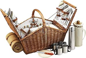 Picnic at Ascot Huntsman English-Style Willow Picnic Basket with Service for 4, Coffee Set and Blanket- Designed, Assembled &amp; Quality Approved in the USA