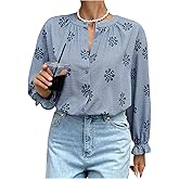 GORGLITTER Women's Boho Peasant Tops Gingham Floral Embroidered Flounce Long Sleeve Button Up Shirt Casual Blouses