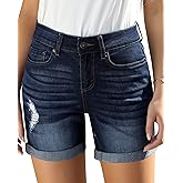 Utyful Women's Casual High Waisted Distressed Shorts Folded Hem Stretch Jean Denim Shorts