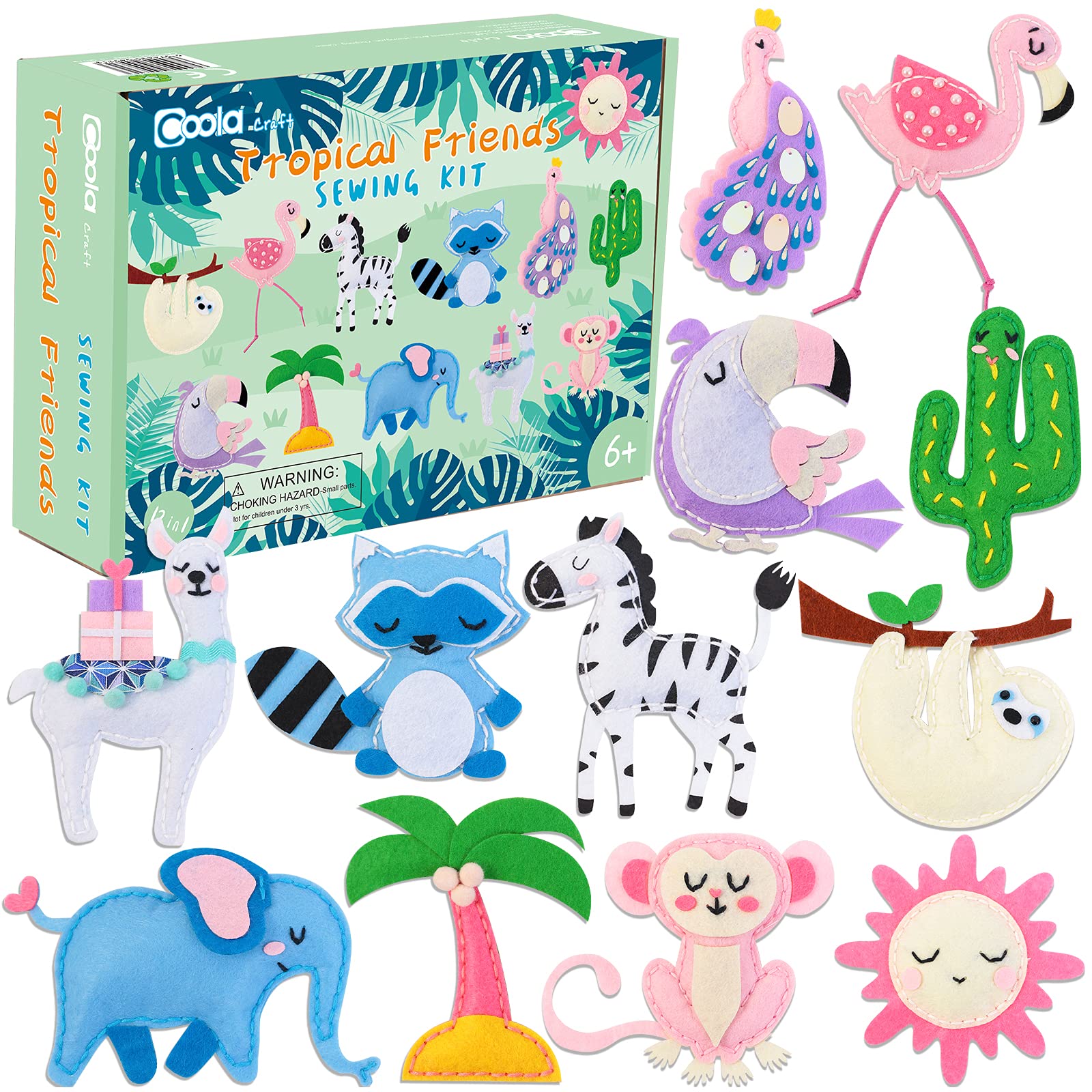 Coola Sewing Kit for Kids, Crafts for Kids Ages 8-12, Arts and Crafts for Kids, Sewing Kit for Beginners, DIY Felt Tropical Animals Kits, Craft Supplies for Kids Girls Boys Gift Ideas Set of 12