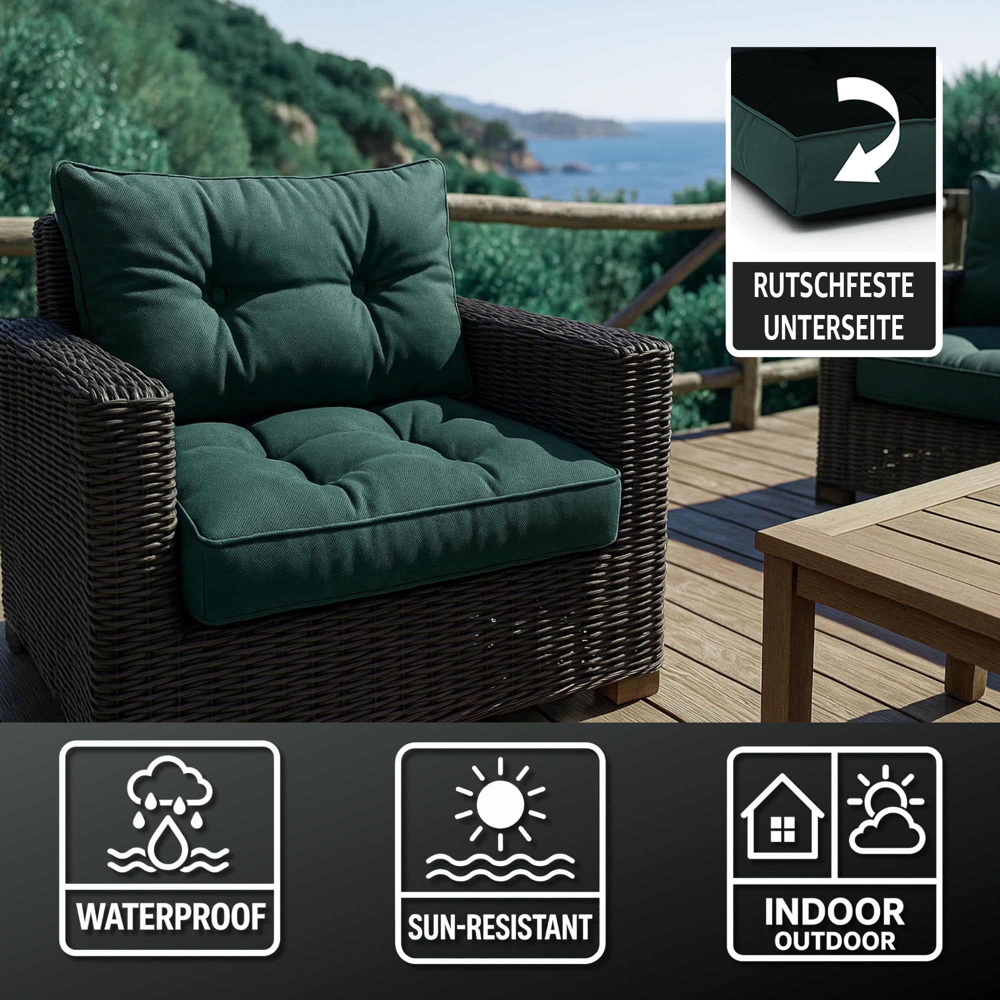Amazinggirl Polster für Gartenmöbel Rückenkisse 40x70 cm - Lounge Kissen Outdoor Polster Balkon und Gartenmöbel-Kissen Loungekissen Gartenpolster Auflagen für Rattanmöbel Grün 3