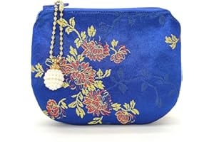 GOLDEN AMY Handmade Women Coin Purse Silk Rosary Bag Jewelry Pouch Brocade Zipper Wallet - Navy