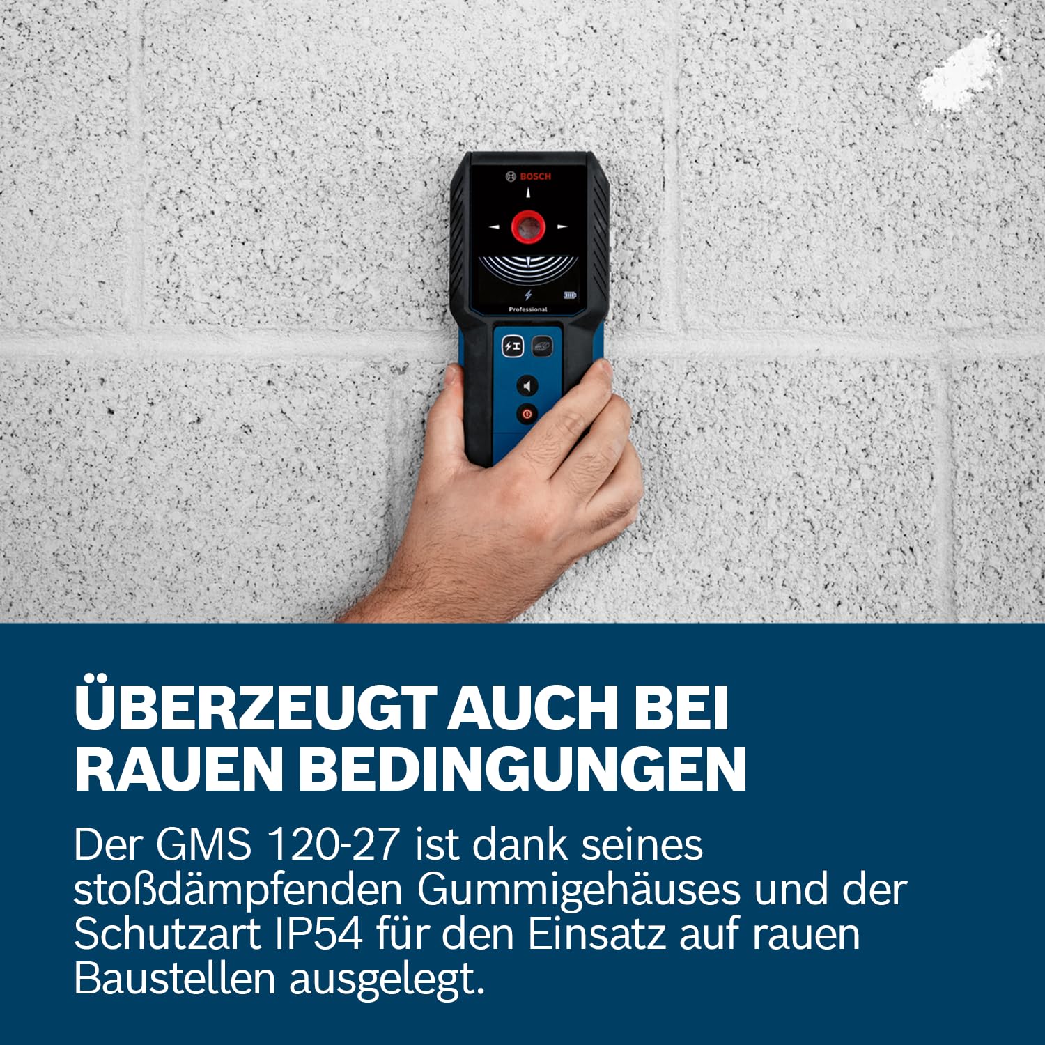 Bosch Professional Ortungsgerät GMS 120-27 (2xAA Batterien, max. Detektionstiefe Nicht-magnetisches Metall/magnetisches Metall/Spannungsführende Leitungen/Holz: 120/100/50/30 mm, Schutztasche) 5