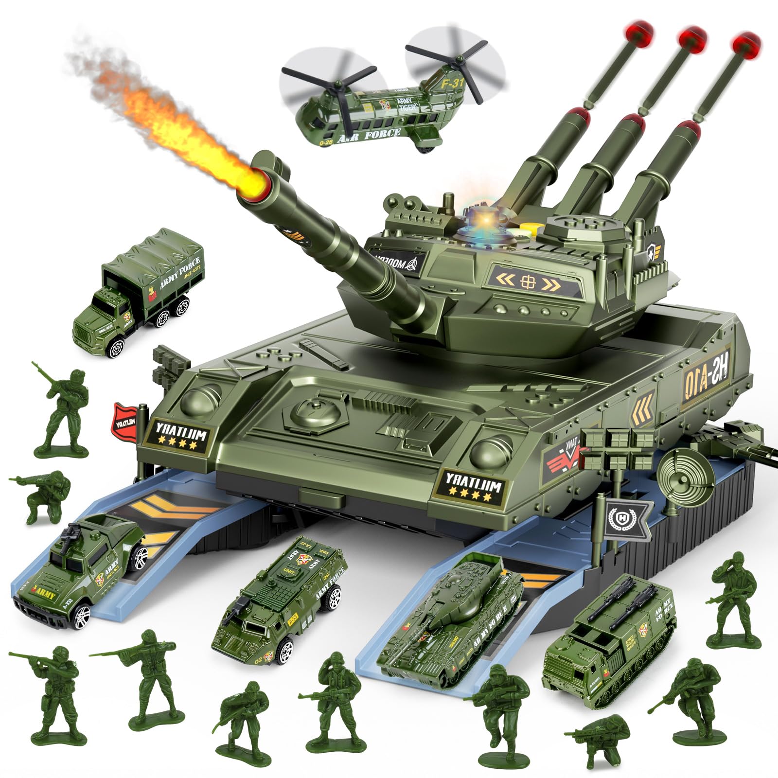 Army Tank Toys for Boys 3 4 5 6 7 8 Years Old, Military Toys Playset with 6 Mini Die-Cast Cars Helicopter & 10 Army Men Toy Soldiers, Kids Christmas Birthday Gifts Present for Boys Age 3+
