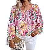 Verdusa Women's Plus Size Floral Bow Tie Neck Blouse Boho Bishop Sleeve Vacation Tunic Tops
