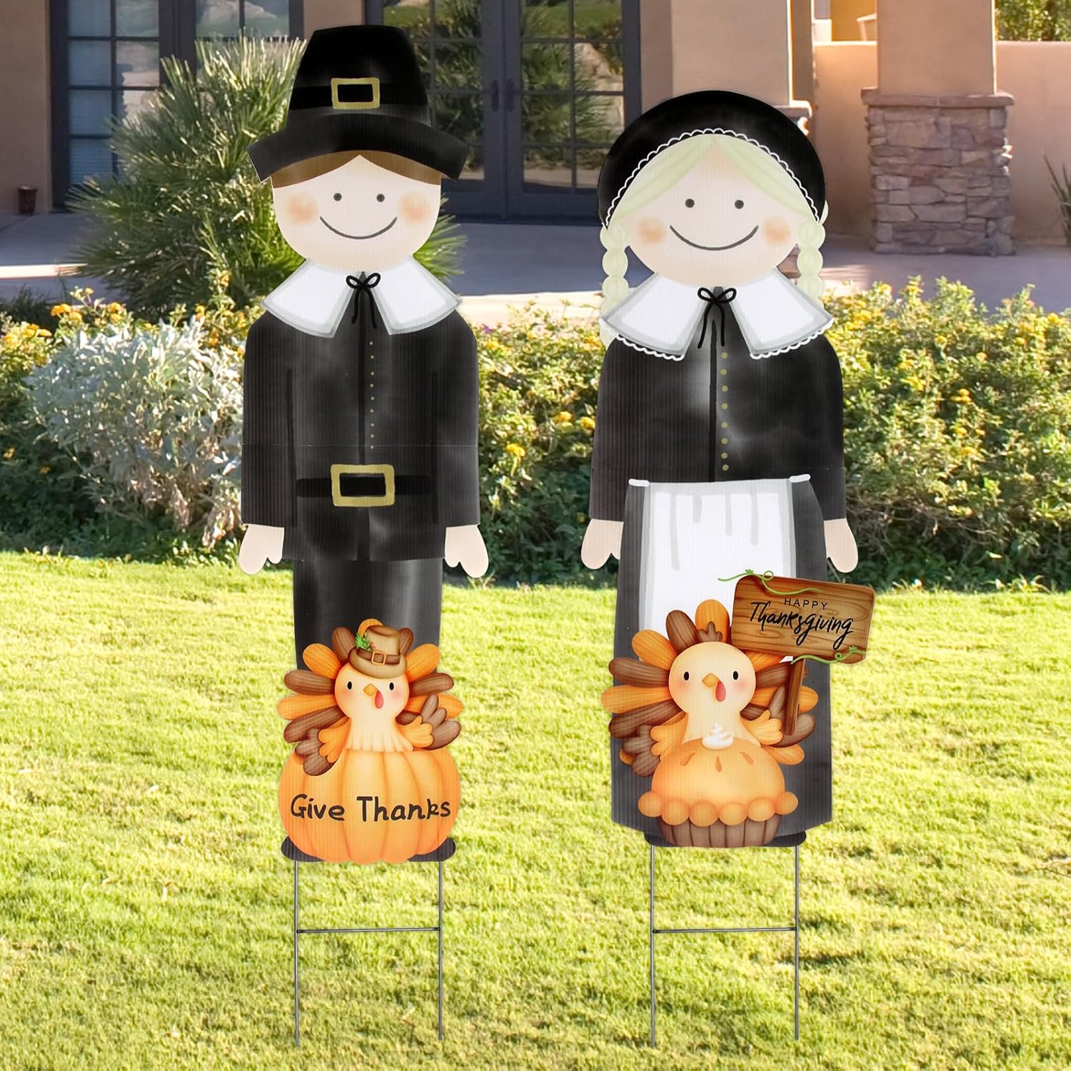 Yard Signs - Thanksgiving Pilgrim Yard Lawn Signs Corrugated Plastic 2 PCS Large Happy Fall Autumn Harvest Welcome Sign Party Supplies Outdoor Decor Decoration Pumpkin Turkey with H Stands