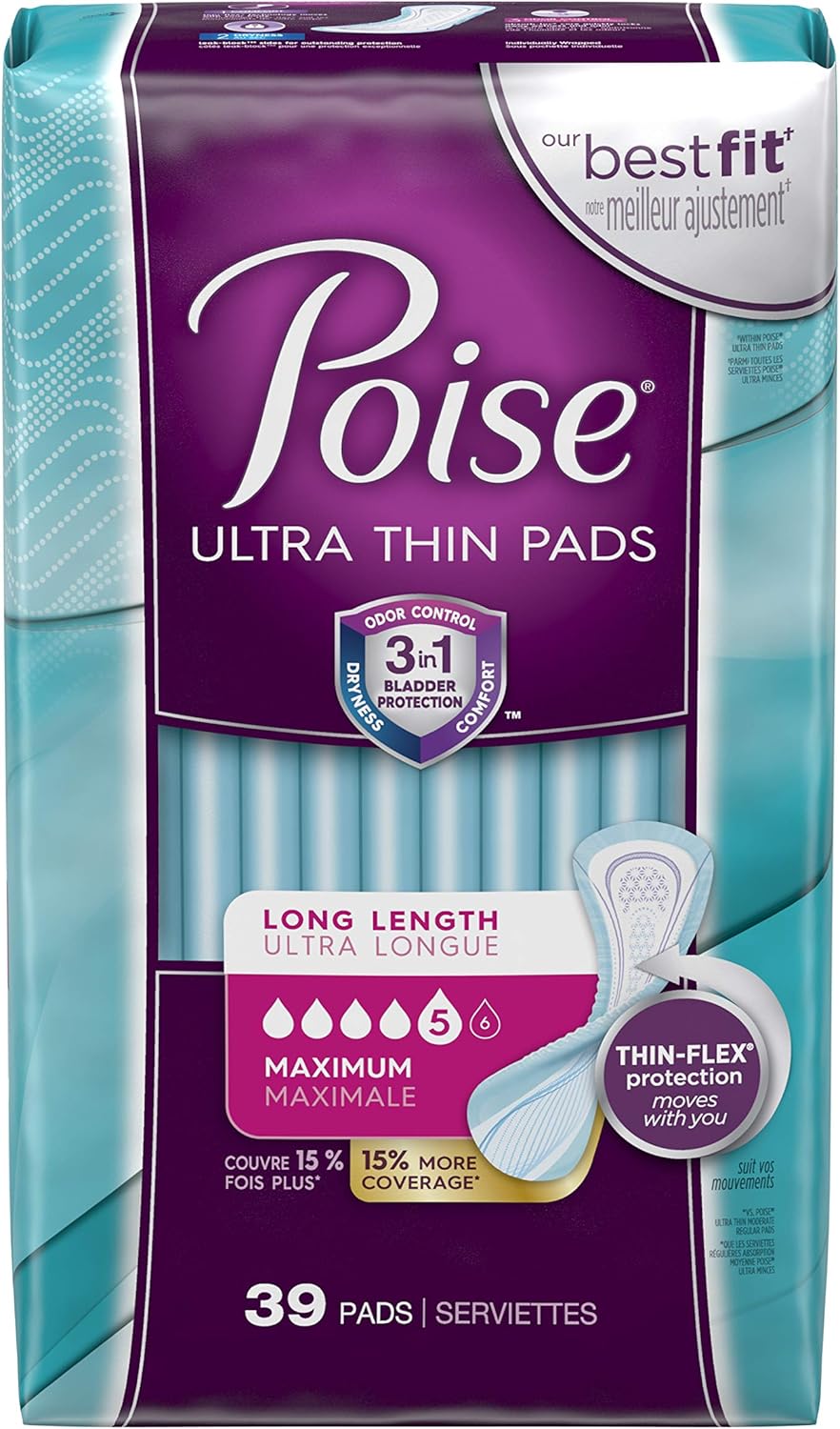 Poise Ultra Thin Incontinence Pads, Maximum Absorbency, Long, Unscented