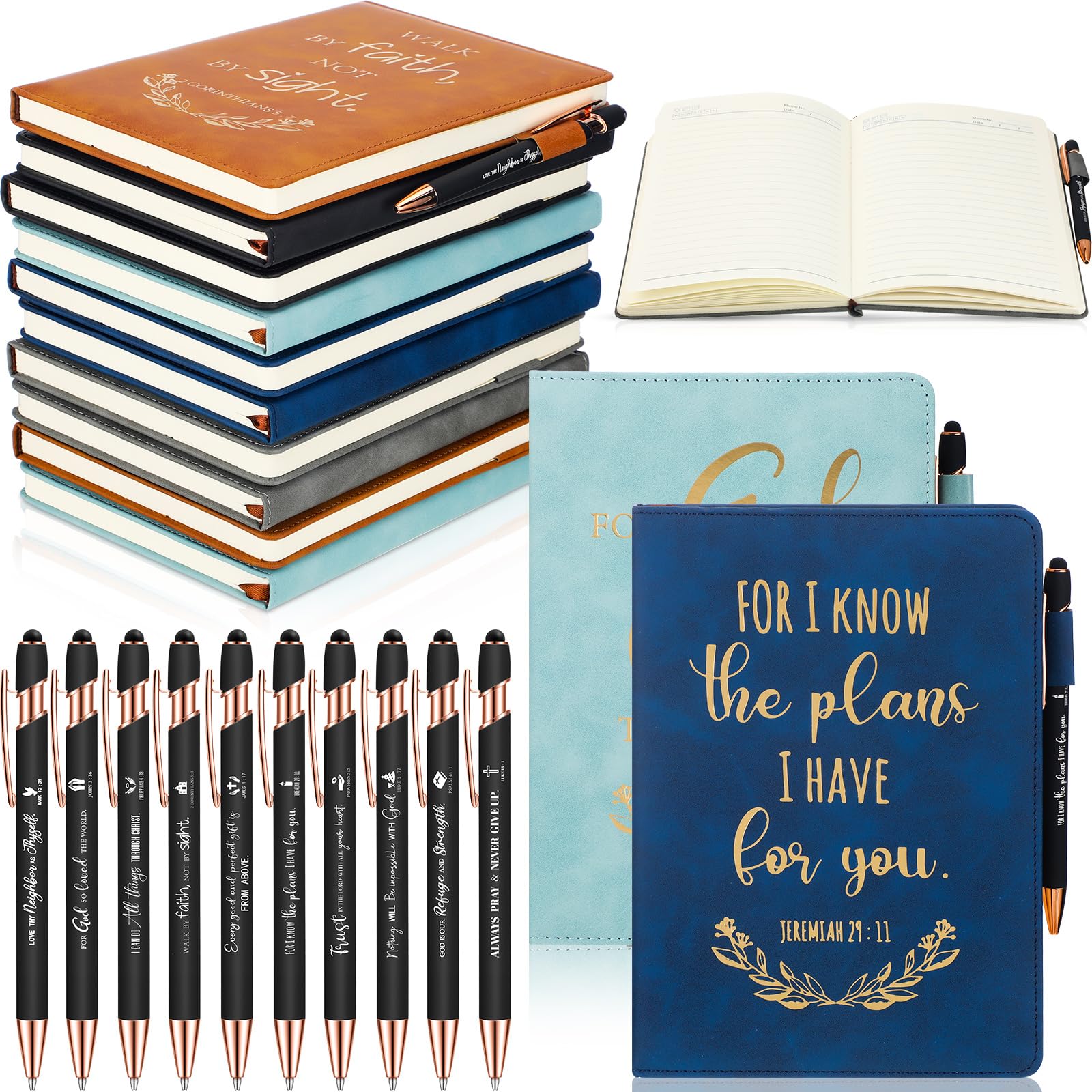 Photo 1 of Sayglossy 10 Set Christian Gifts Bulk Christian Journals Notebooks A5 Leather Lined Prayer Journals Bible Verse Pens for Men Women Vbs Student Teacher Church Members Bible Study Supplies (Multicolor)