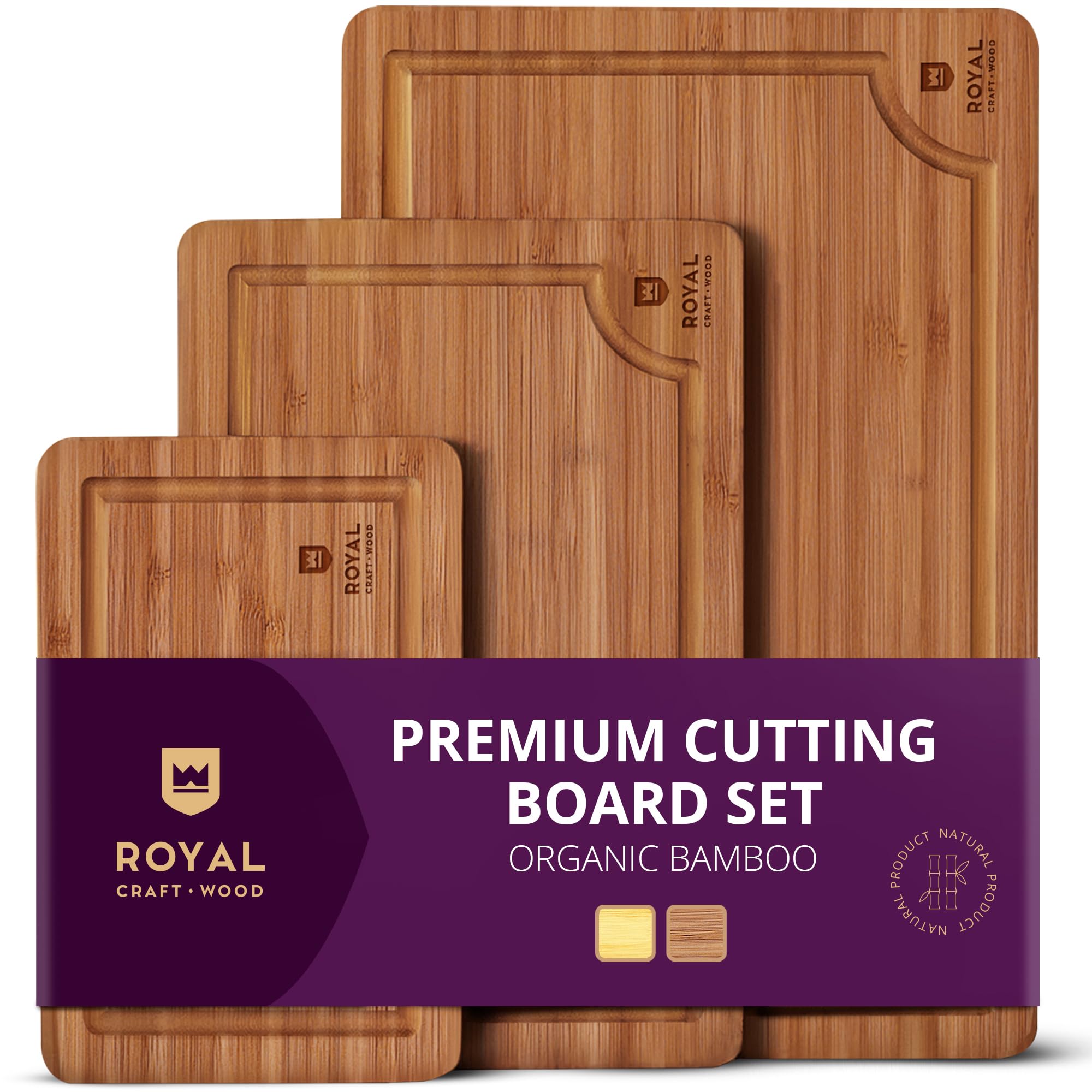 Photo 1 of ***MISSING ONE, SMALLER ONE IS CRACKED*** ROYAL CRAFT WOOD Wooden Cutting Boards for Kitchen Meal Prep & Serving - Bamboo Wood Serving Board Set with Deep Juice Groove Side Handles - Charcuterie & Chopping Butcher Block for Meat (3 Pcs)