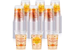 Blulu 100 Pieces 16 Ounce Thanksgiving Plastic Cups Bulk Thanksgiving Party Supplies Fall Disposable Pumpkin Maple Leaves Printed Cups for Fall Dinner Autumn Harvest Party Decorations