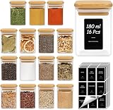 ComSaf 16 Pcs Glass Spice Jars 180ml with Bamboo Lids Label Set Square Airtight