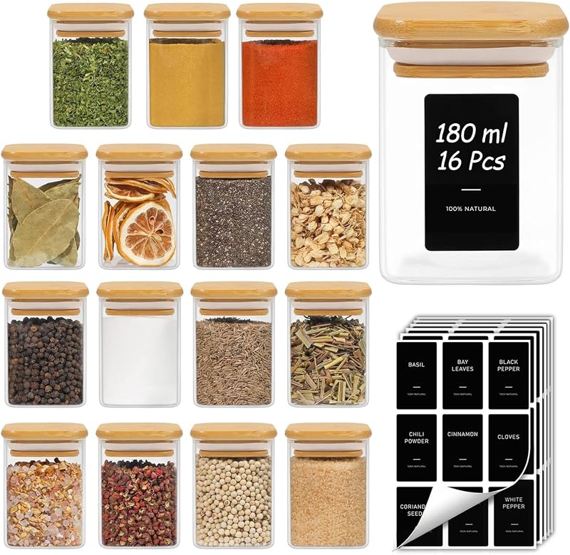 ComSaf 16 Pcs Glass Spice Jars 180ml with Bamboo Lids Label Set Square Airtight