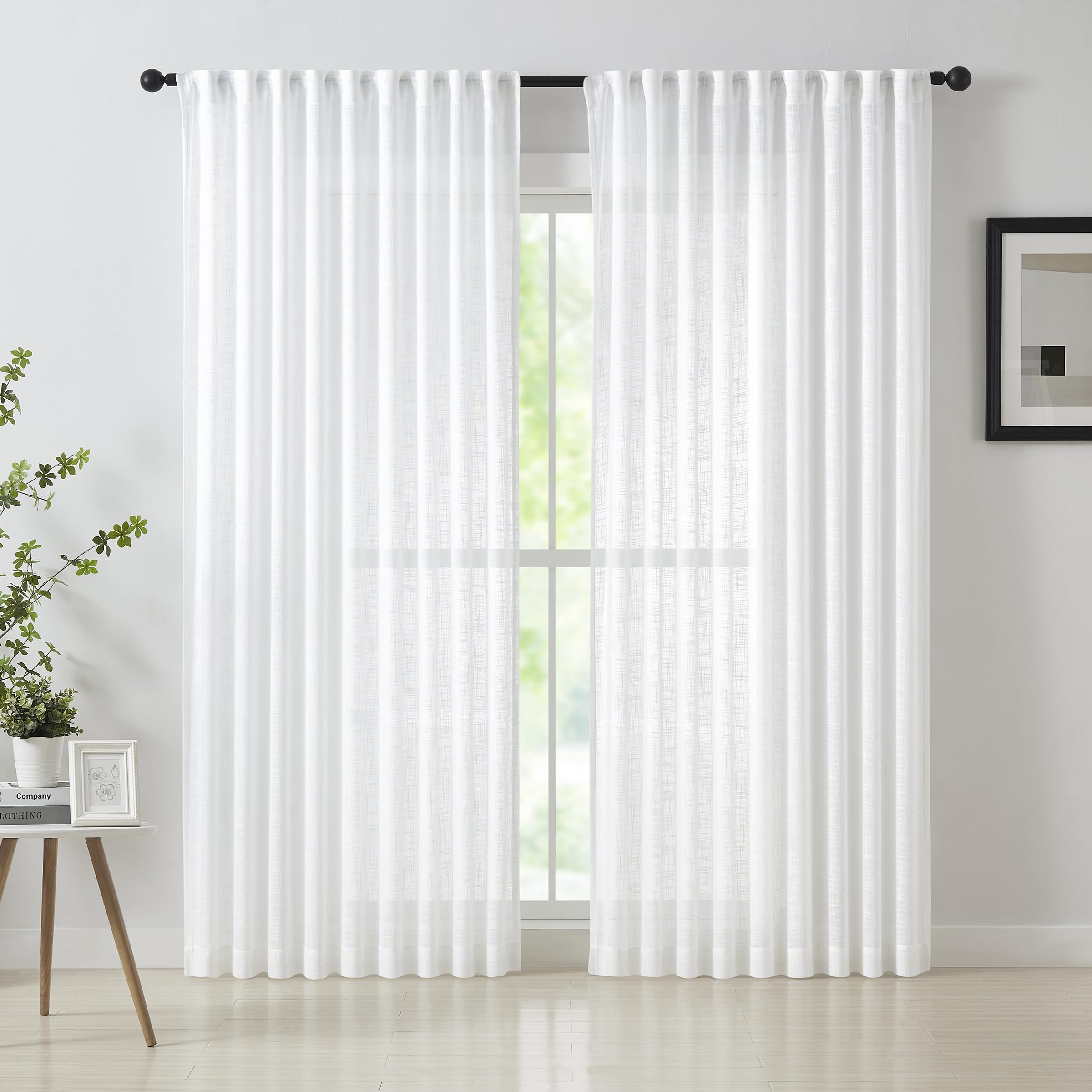 Treatmentex Linen Textured White Sheer Curtains for Living Room 72inch Long Pencil Pleat Light Filtering Semi Sheer Window Curtain Panels for Bedroom Sunroom Voile 54" w x 2 pcs